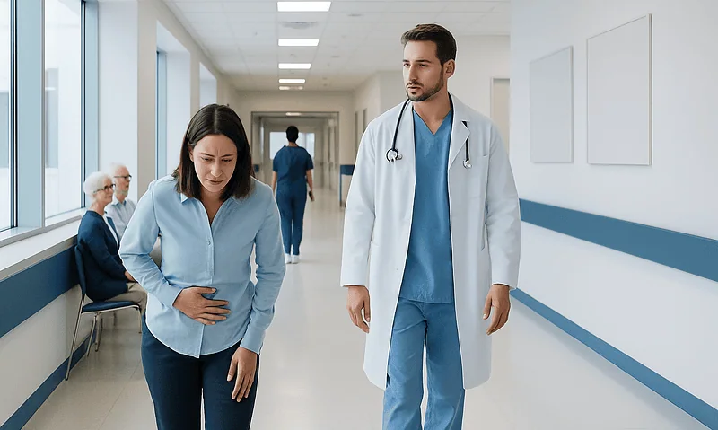 Doctor and patient walking in hospital corridor with other patients seated.
