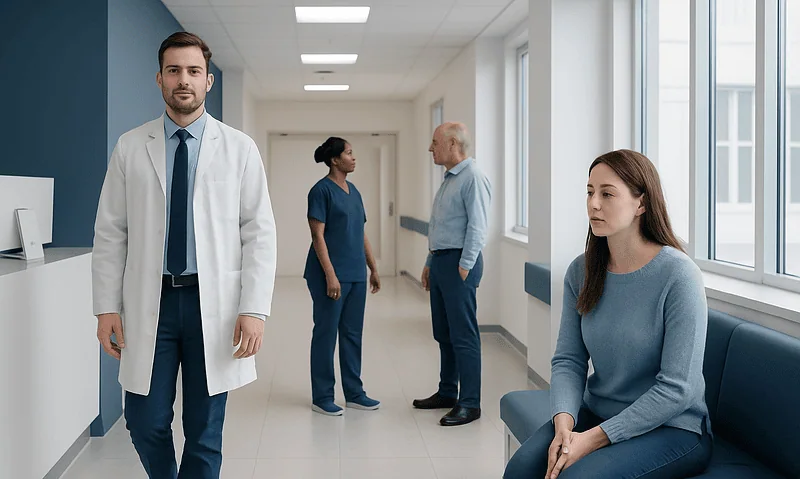 Medical professionals and patient in hospital corridor for endometriosis treatment.