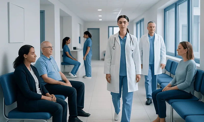 Healthcare professionals and patients in a hospital corridor.