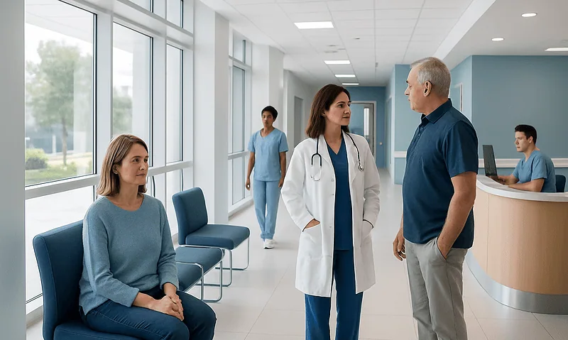 Medical staff and patient in hospital corridor at Acibadem Hospitals Group.
