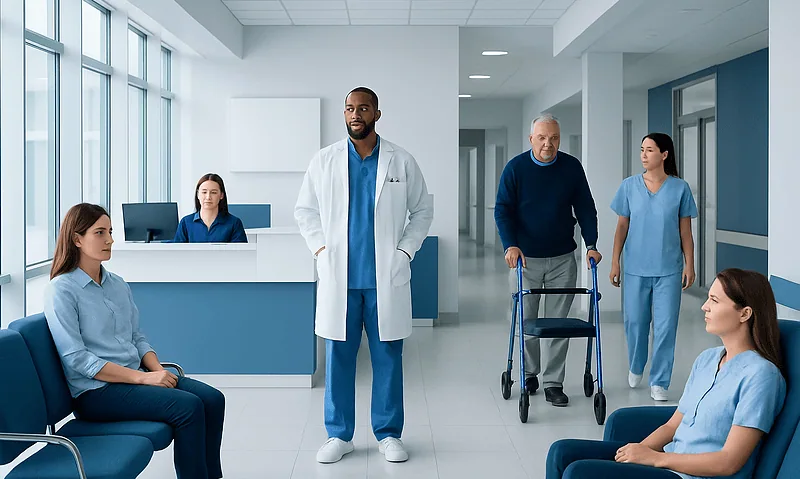 Medical team in hospital corridor with patients and staff.