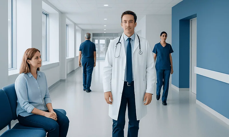 Healthcare professionals and a patient in a modern hospital corridor.