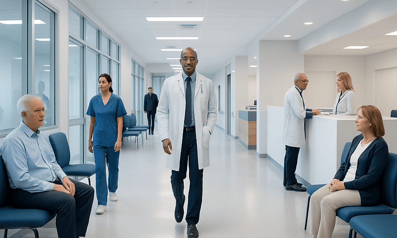 Medical professionals and patients in a modern hospital corridor.