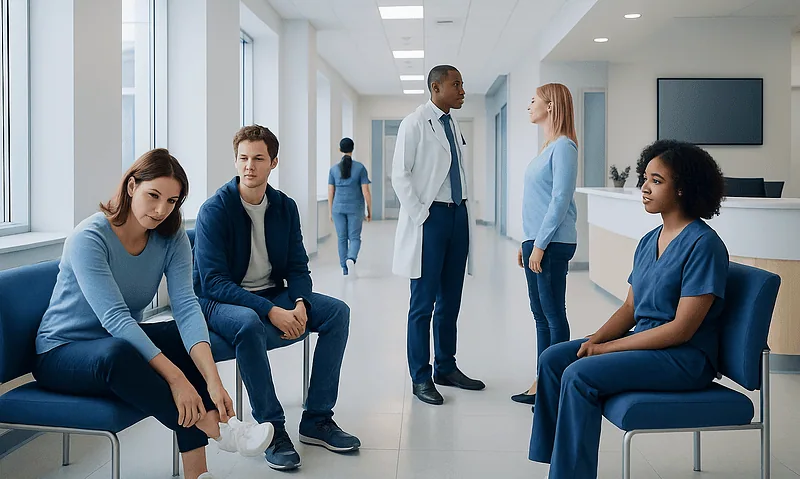 Patients waiting in a hospital corridor at Acibadem Hospitals Group.