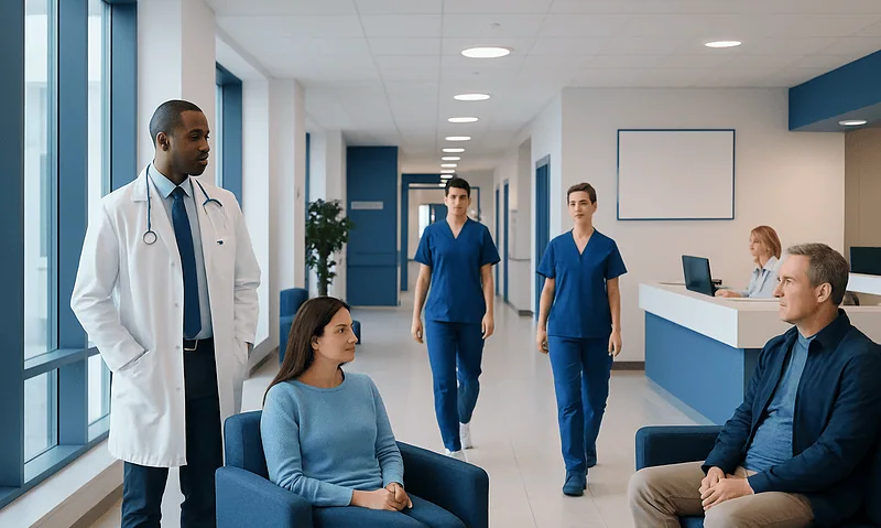 Medical consultation in a modern hospital corridor with doctors and patients.
