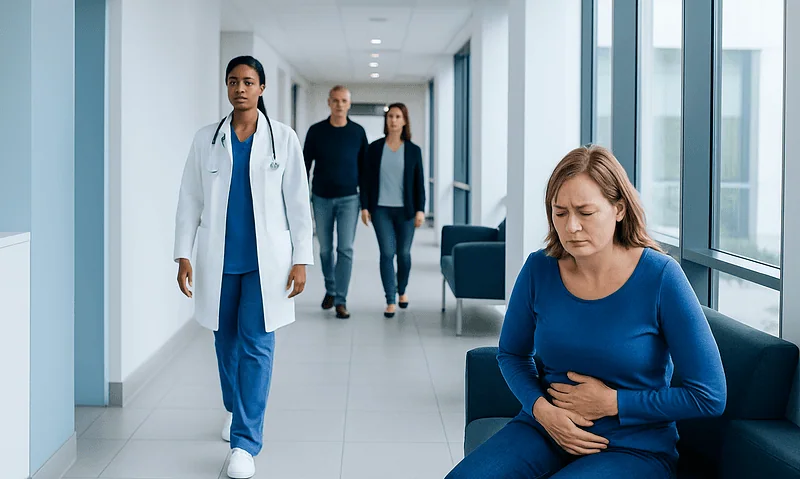 Woman with stomach pain in hospital corridor with medical staff and visitors.