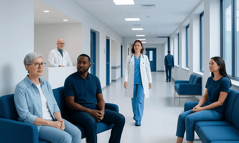 Medical consultation in hospital corridor with patients and doctor.