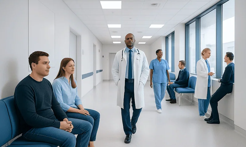 Medical professionals and patients in a hospital corridor.