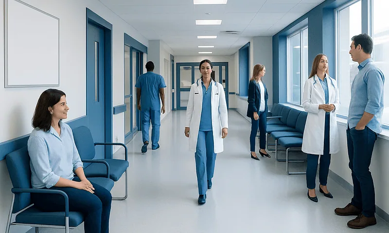 Medical professionals and patients in a hospital corridor at Acibadem Hospitals Group.