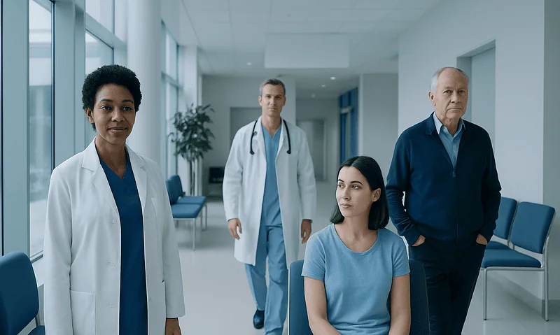 Medical team with patient in hospital corridor at Acibadem Hospitals Group.