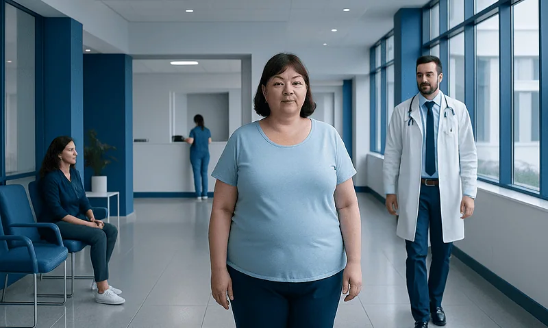 Patient in hospital corridor with medical staff and waiting area.