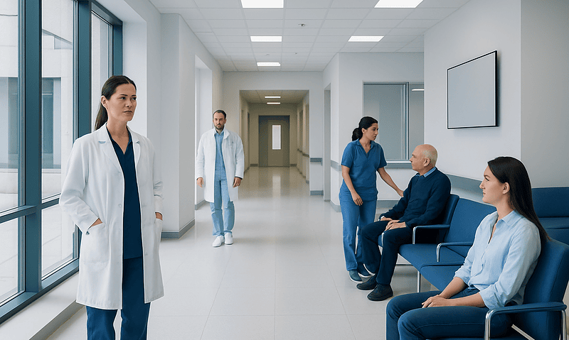 Healthcare professionals and patients in a modern hospital corridor.