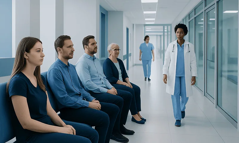 Medical consultation with patients waiting in hospital corridor.