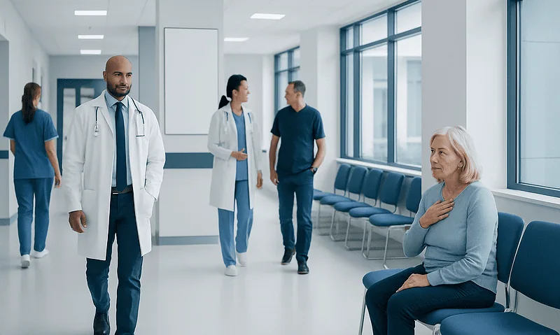 Medical professionals and patient in a hospital corridor at Acibadem Hospitals Group.