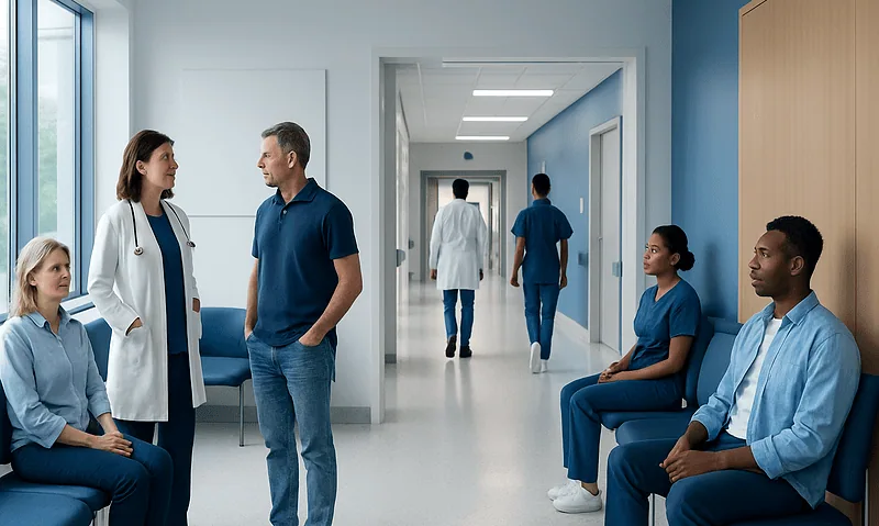 Patients waiting in a hospital corridor with medical staff and doctors present.