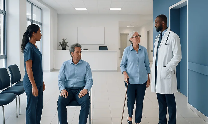 Doctor consulting elderly patients in a hospital corridor.