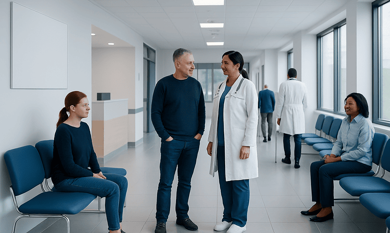 Healthcare professionals and patients in a modern hospital corridor.