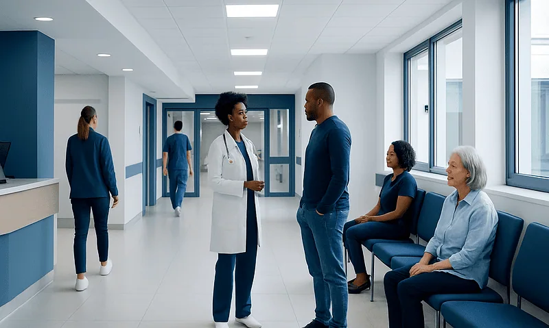 Healthcare professionals and patients in a hospital corridor.