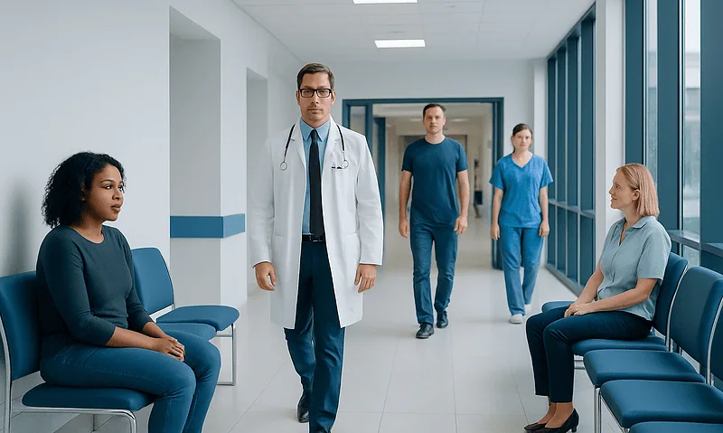 Medical professionals and patients in a hospital corridor at Acibadem Hospitals Group.