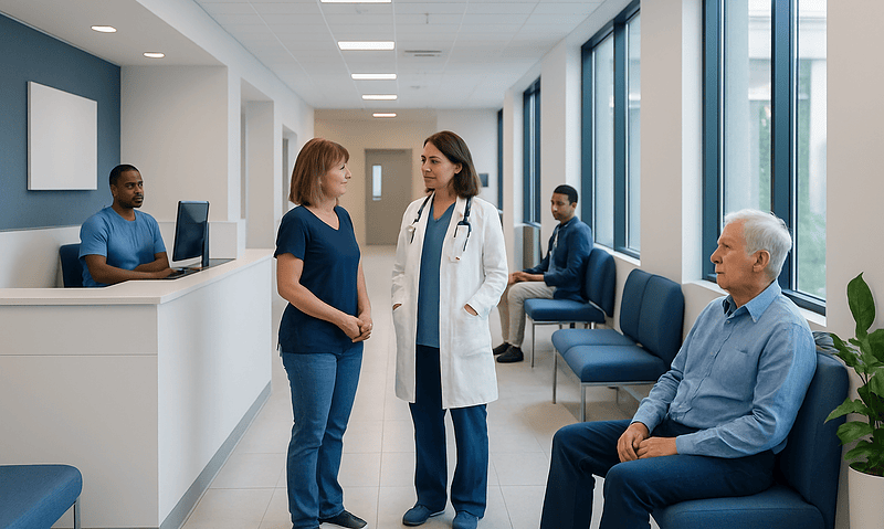 Medical consultation in a modern hospital corridor with patients and doctor.