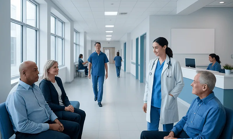 Healthcare professionals consulting patients in a hospital corridor.