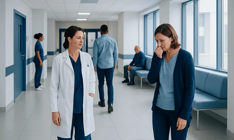 Patient experiencing cough in hospital corridor with medical staff nearby.