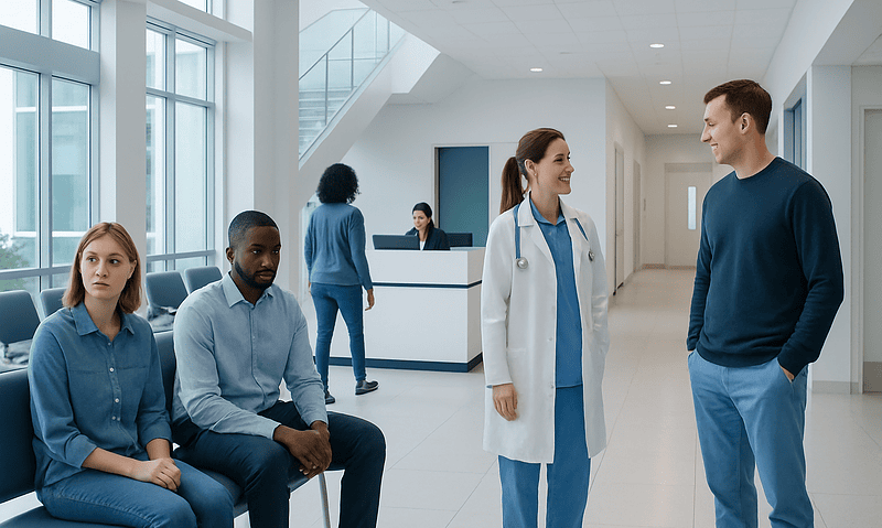 Patients waiting in a hospital corridor with medical staff engaging with a patient.