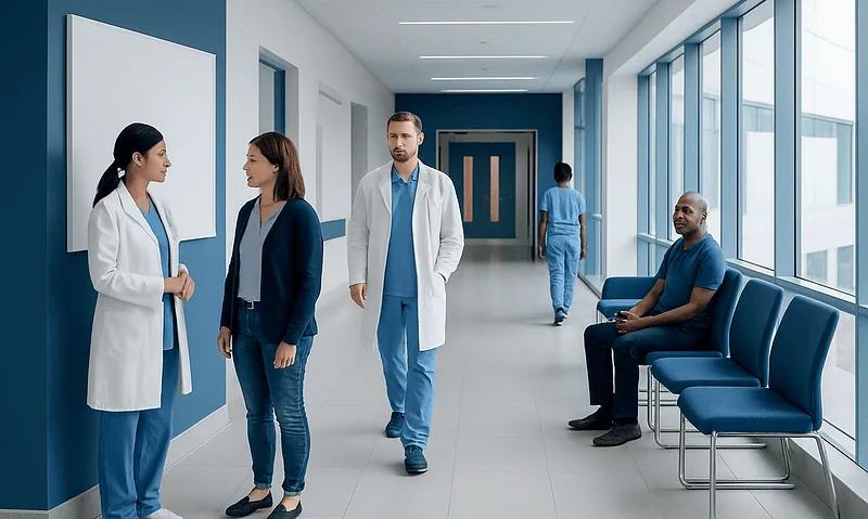 Medical professionals and patient in a modern hospital corridor.