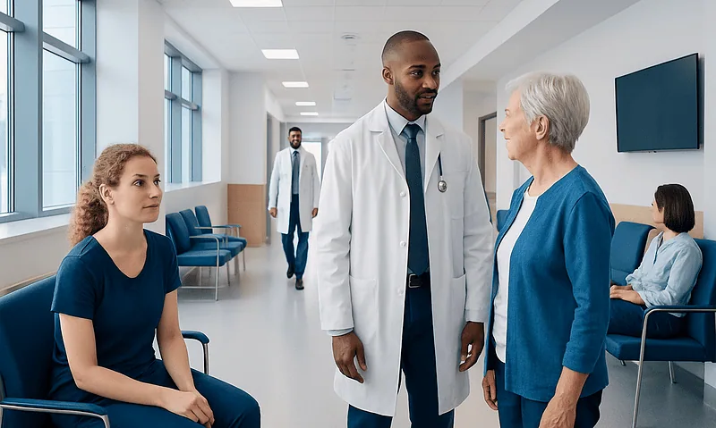 Medical consultation in hospital corridor with diverse healthcare professionals.
