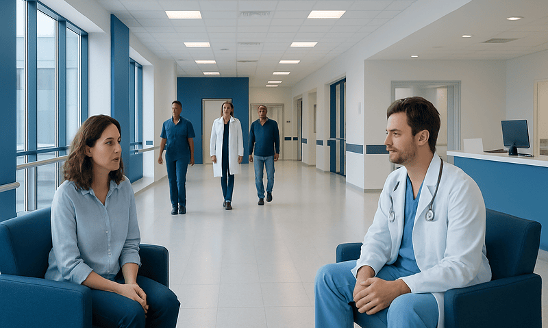 Doctor consulting with a patient in a modern hospital corridor.