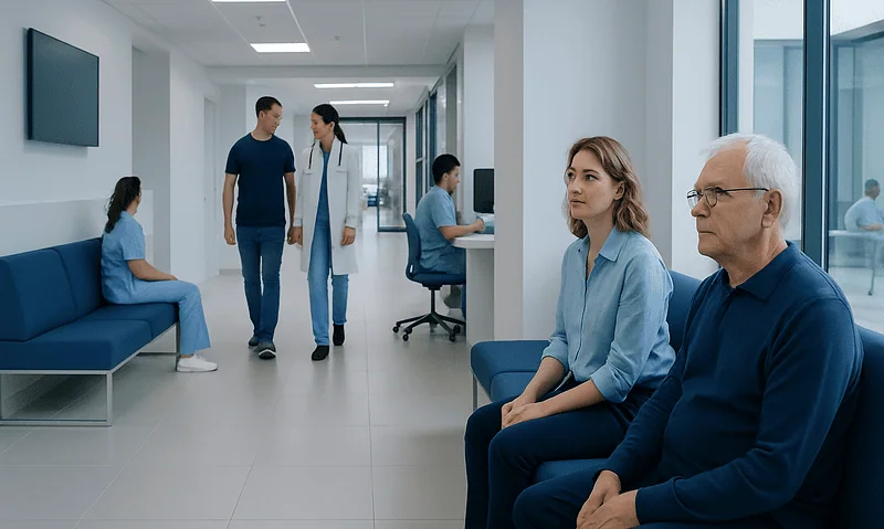 Patients waiting in a hospital corridor with medical staff nearby.