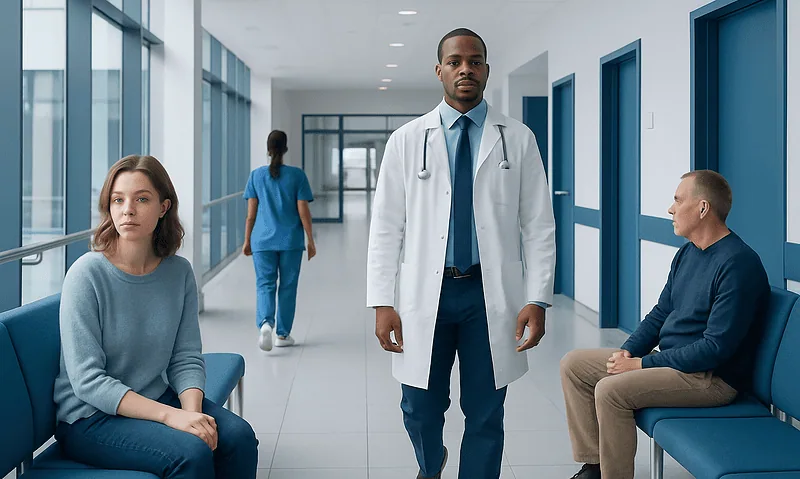 Medical professional with patients in hospital corridor.