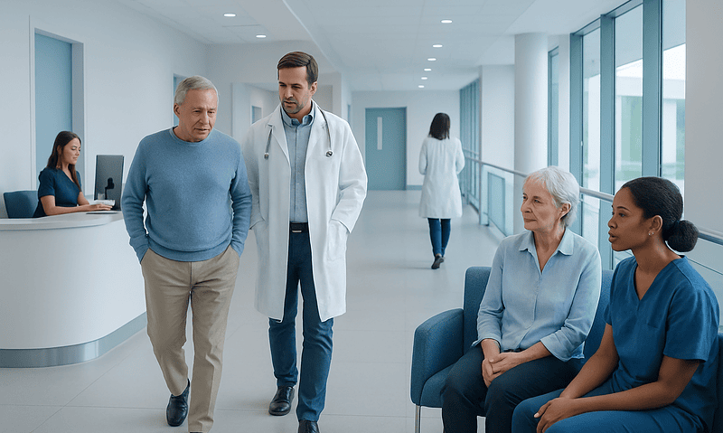 Healthcare professionals consulting with elderly patient in hospital corridor.