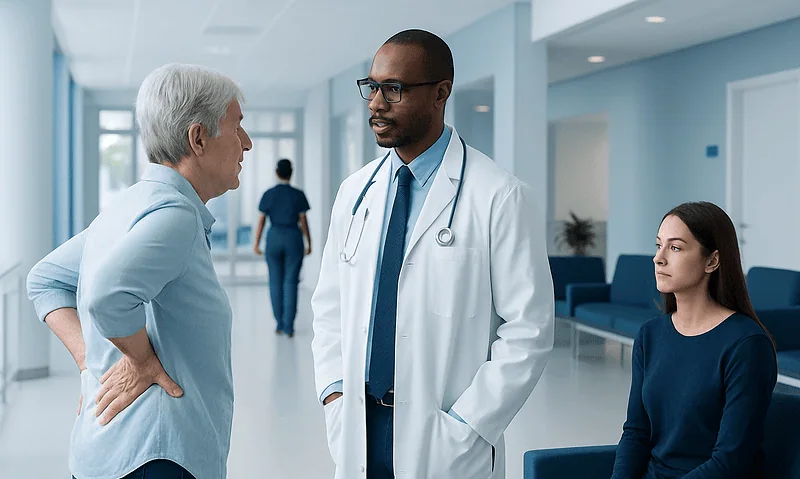 Doctor consulting with elderly patient in hospital corridor.