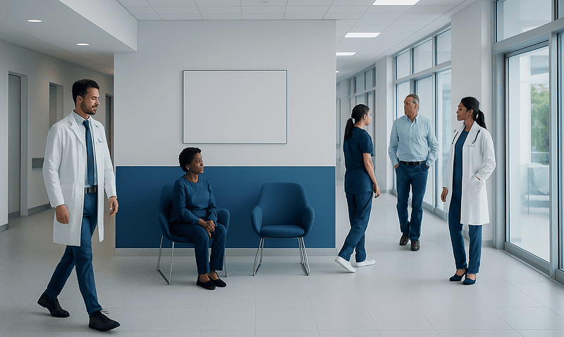Medical team and patient in hospital corridor at Acibadem Hospitals Group.