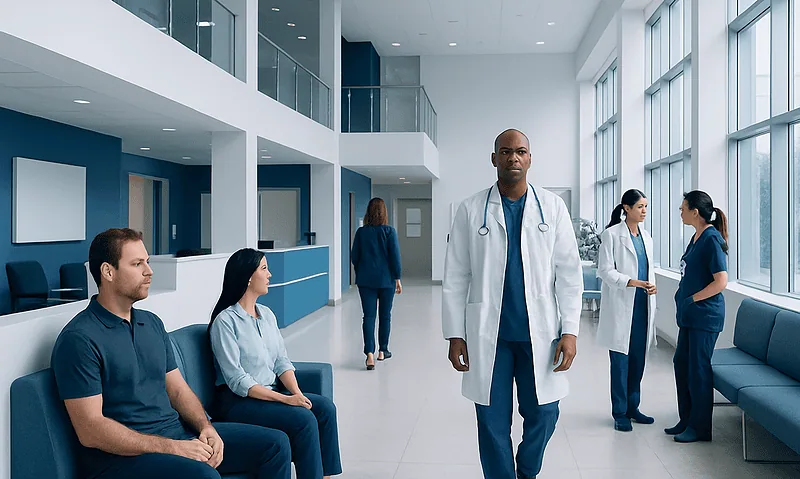 Medical professionals and patients in a modern hospital corridor.
