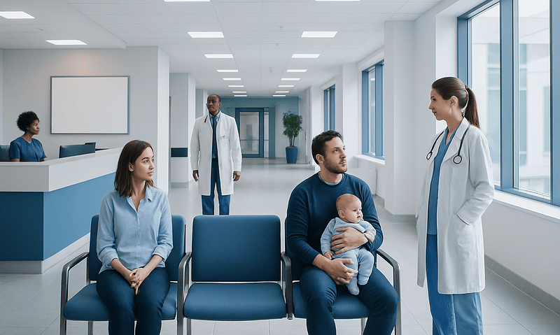 Hospital waiting area with medical staff and patients.