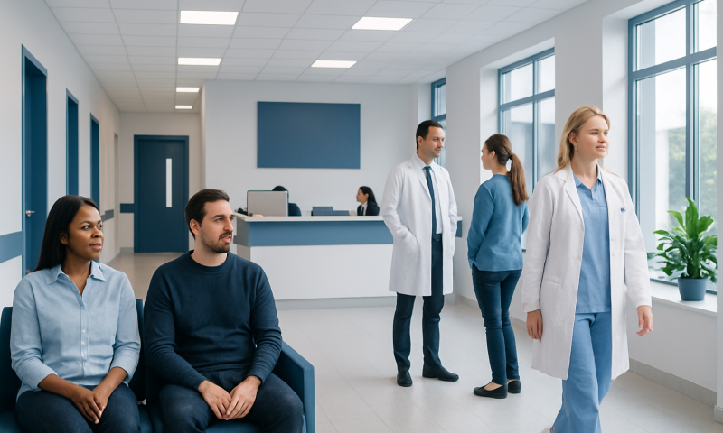Medical professionals and patients in a modern hospital waiting area.