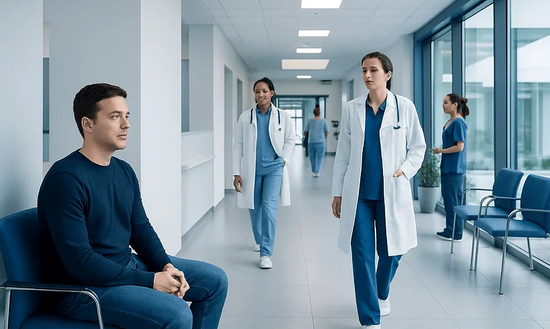 Medical professionals and patient in hospital corridor at Acibadem Hospitals Group.