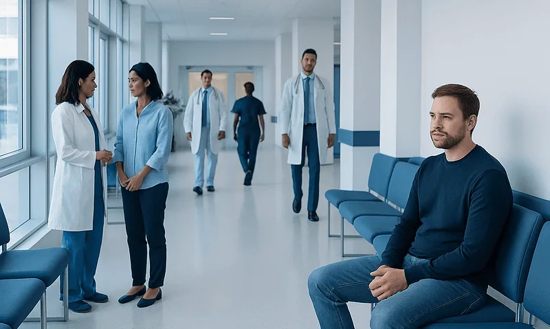 Patient waiting in hospital corridor with medical staff nearby.