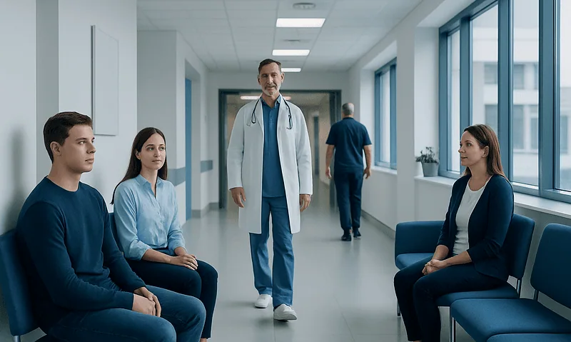 Doctor with patients in hospital corridor, healthcare setting.