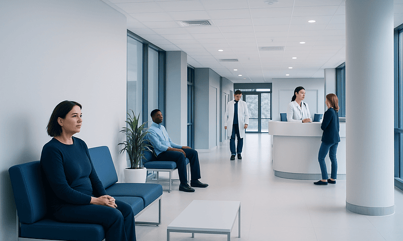 Modern hospital waiting area with patients and staff at Acibadem Hospitals Group.