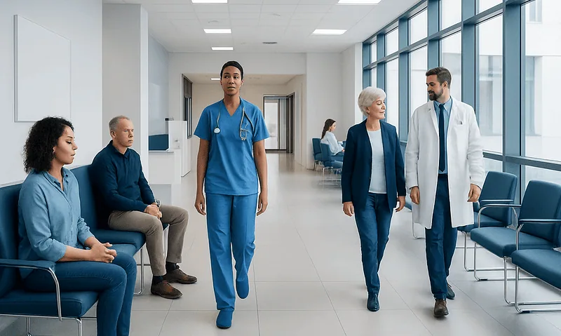 Healthcare professionals and patients in a modern hospital corridor.