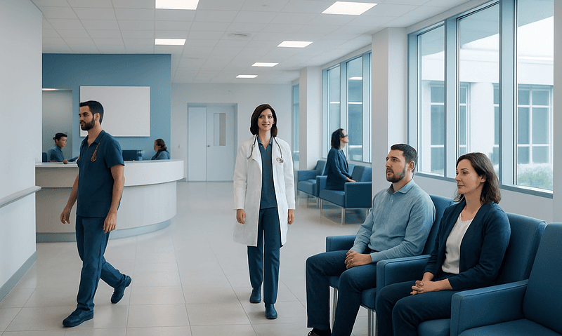 Modern hospital waiting area with medical staff and patients.