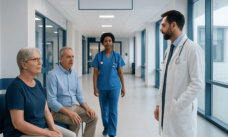 Doctor consulting elderly patients in hospital corridor.