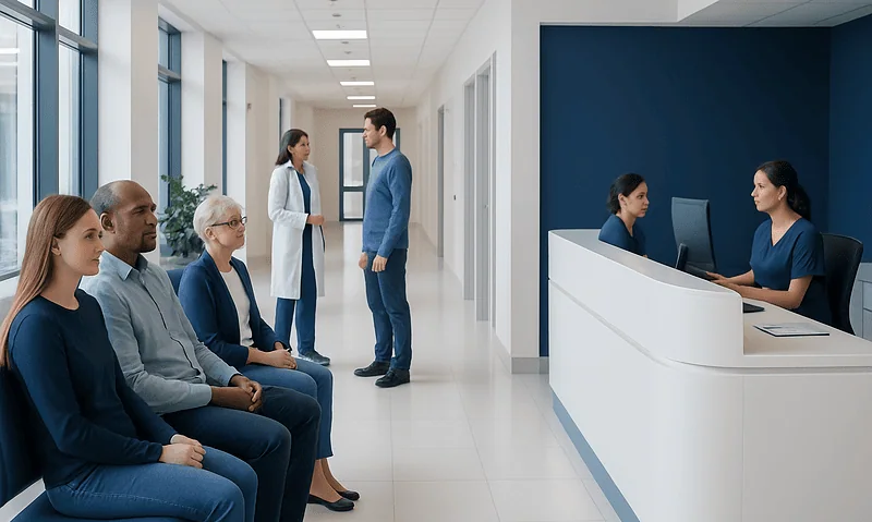 Patients waiting in a modern hospital corridor for eye consultation.