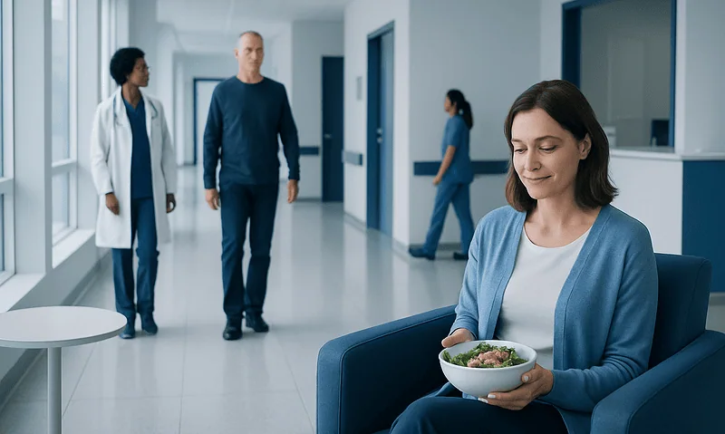 Woman enjoying a healthy meal in a hospital waiting area.