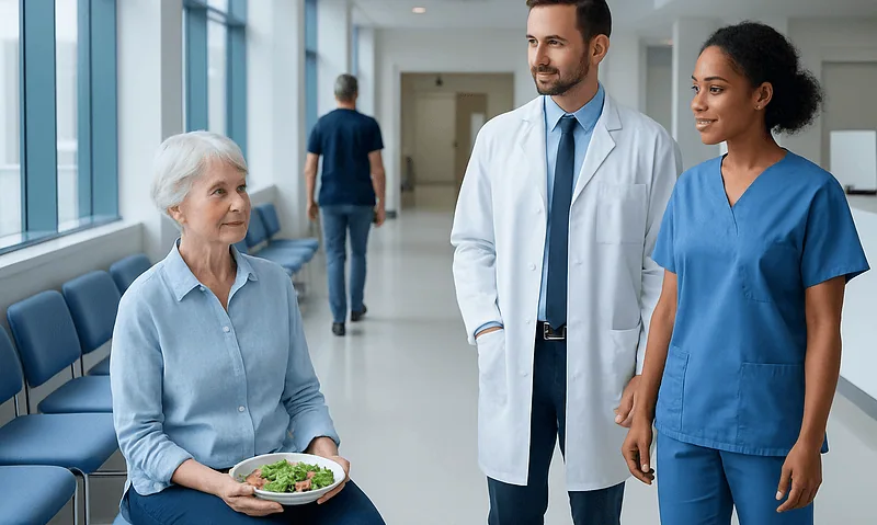 Healthcare professionals consulting with an elderly patient in a hospital corridor.