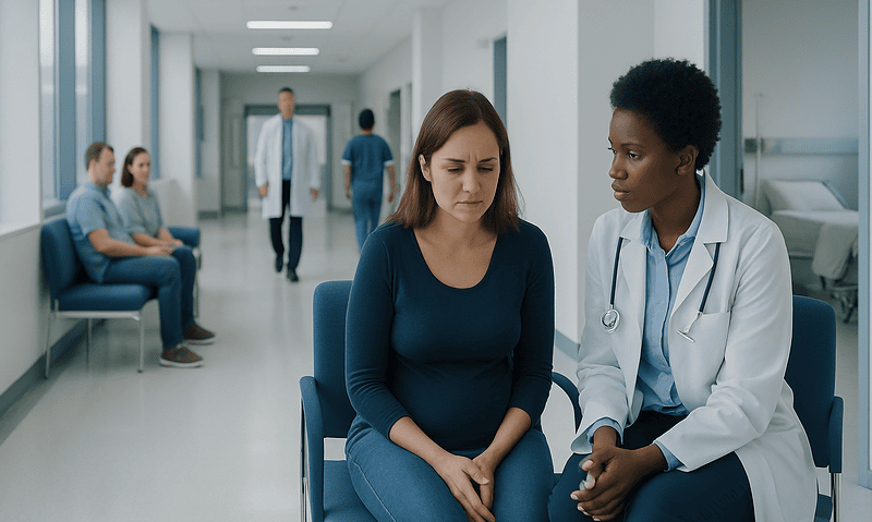 Patient consulting with doctor in hospital corridor for ectopic pregnancy treatment.