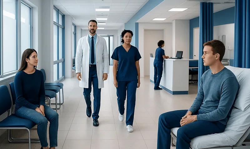 Medical professionals consulting with patients in a hospital waiting area.